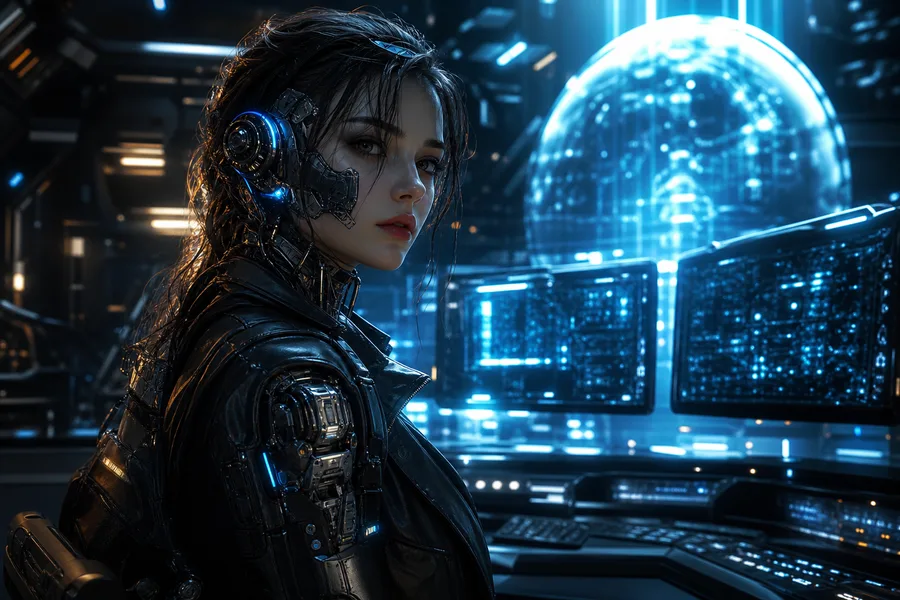 Cyberpunk Hacker Room With Neon Screens Female-Androids Wallpaper  3 4K