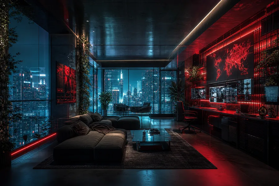 Cyberpunk Hacker Room With Neon Screens Interior-Design Wallpaper  3 4K