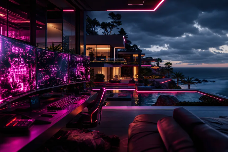 Cyberpunk Hacker Room With Neon Screens Luxury-Villas Wallpaper  3 4K