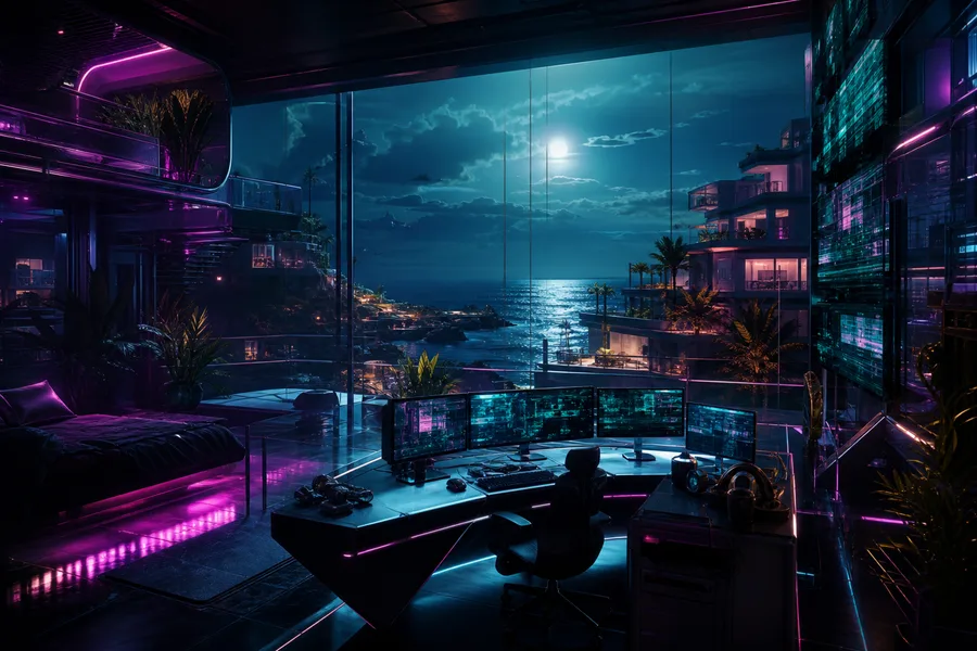 Cyberpunk Hacker Room With Neon Screens Luxury-Villas Wallpaper  3 4K