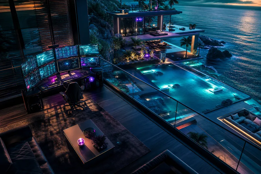 Cyberpunk Hacker Room With Neon Screens Luxury-Villas Wallpaper  3 4K