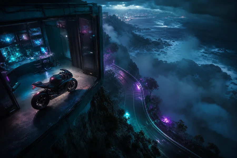 Cyberpunk Hacker Room With Neon Screens Motorcycles Wallpaper  3 4K