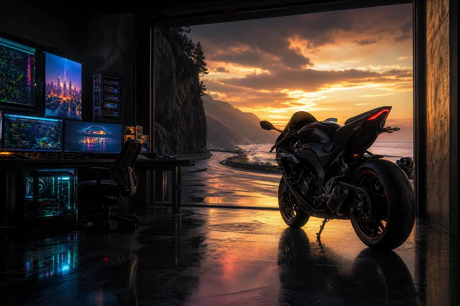 Cyberpunk Hacker Room With Neon Screens Motorcycles Wallpaper  3 4K