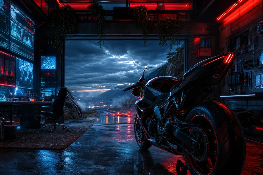 Cyberpunk Hacker Room With Neon Screens Motorcycles Wallpaper  3 4K