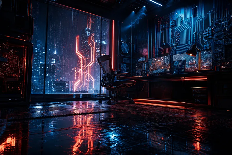 Cyberpunk Hacker Room With Neon Screens Pcb-Design Wallpaper  3 4K