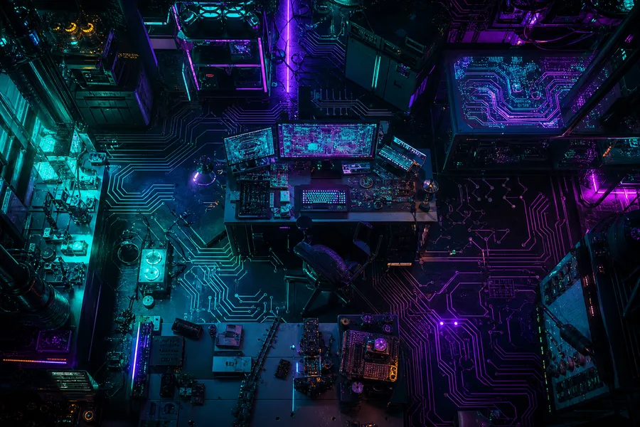 Cyberpunk Hacker Room With Neon Screens Pcb-Design Wallpaper  3 4K
