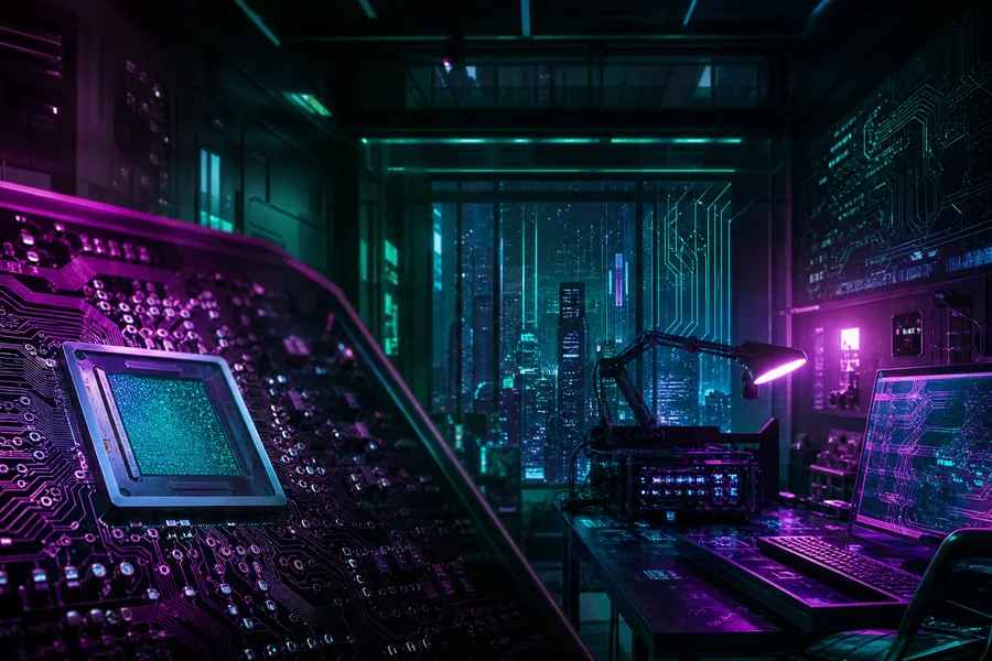 Cyberpunk Hacker Room With Neon Screens Pcb-Design Wallpaper  3 4K