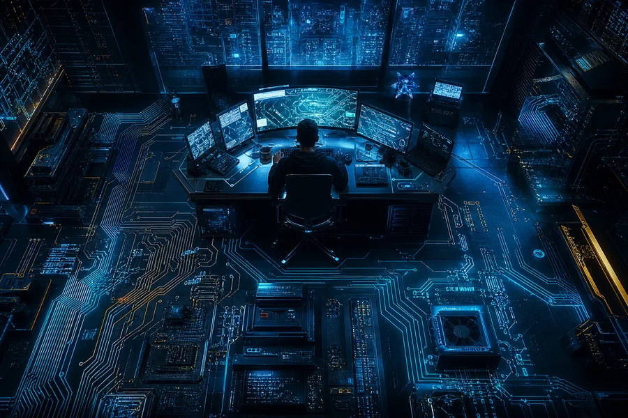Cyberpunk Hacker Room With Neon Screens Pcb-Design Wallpaper  3 4K