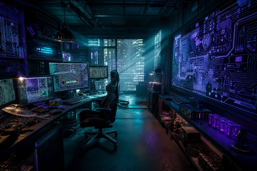 Cyberpunk Hacker Room With Neon Screens Pcb-Design Wallpaper  3 4K