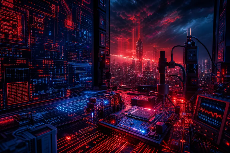 Cyberpunk Hacker Room With Neon Screens Pcb-Design Wallpaper  3 4K