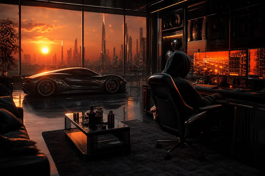 Cyberpunk Hacker Room With Neon Screens Supercars Wallpaper  3 4K