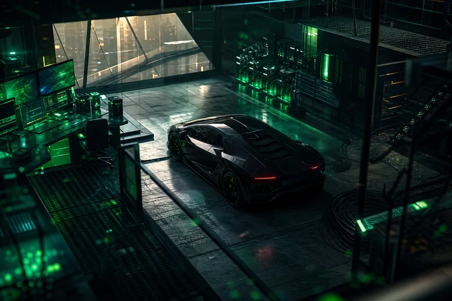 Cyberpunk Hacker Room With Neon Screens Supercars Wallpaper  3 4K