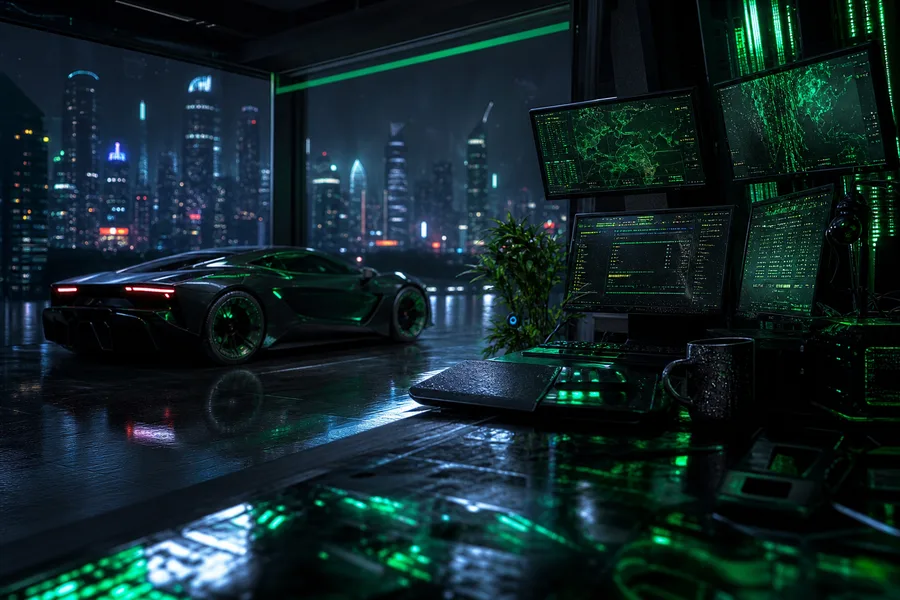 Cyberpunk Hacker Room With Neon Screens Supercars Wallpaper  3 4K