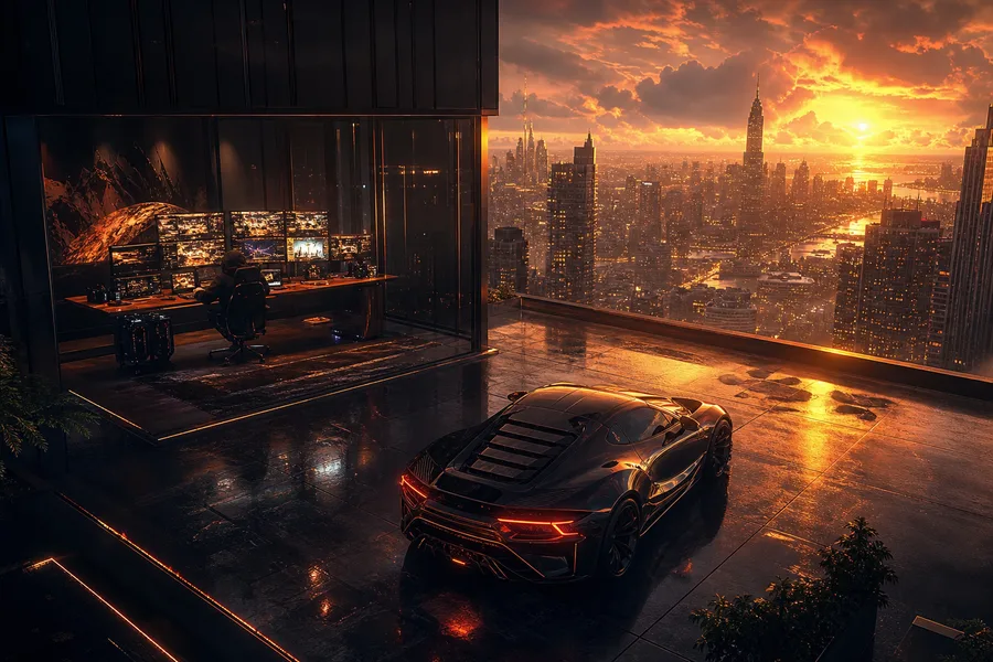 Cyberpunk Hacker Room With Neon Screens Supercars Wallpaper  3 4K
