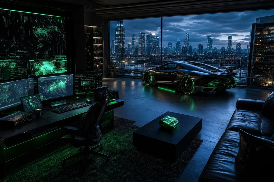Cyberpunk Hacker Room With Neon Screens Supercars Wallpaper  3 4K