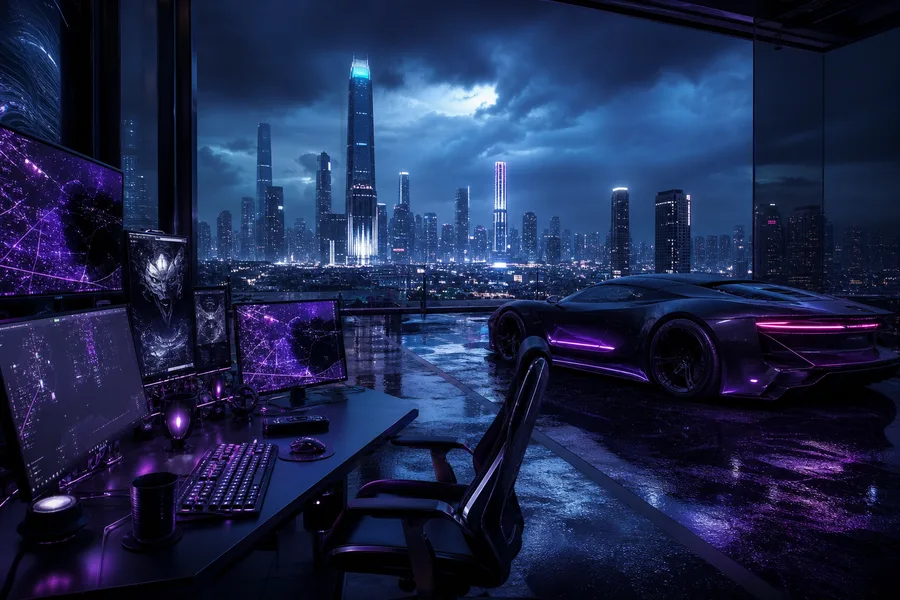 Cyberpunk Hacker Room With Neon Screens Supercars Wallpaper  3 4K