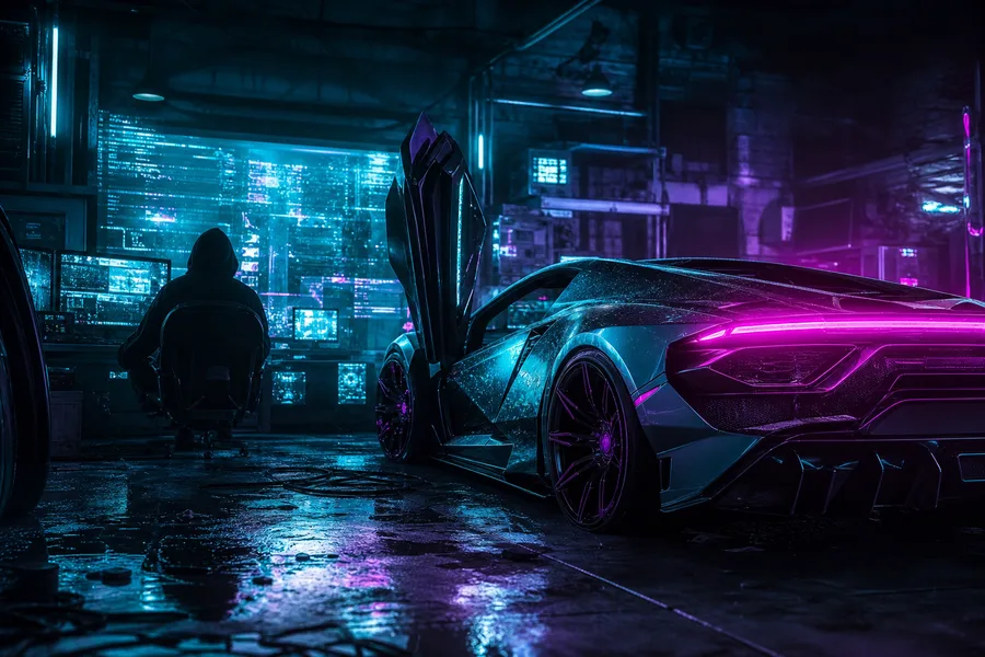 Cyberpunk Hacker Room With Neon Screens Supercars Wallpaper  3 4K