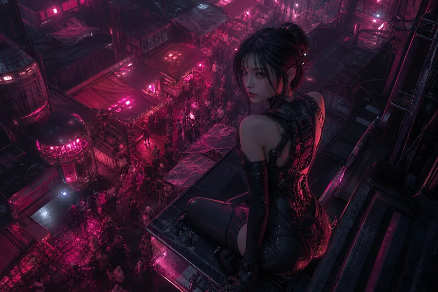 Dark Cyberpunk Market Street Ai-Girls Wallpaper  8 4K
