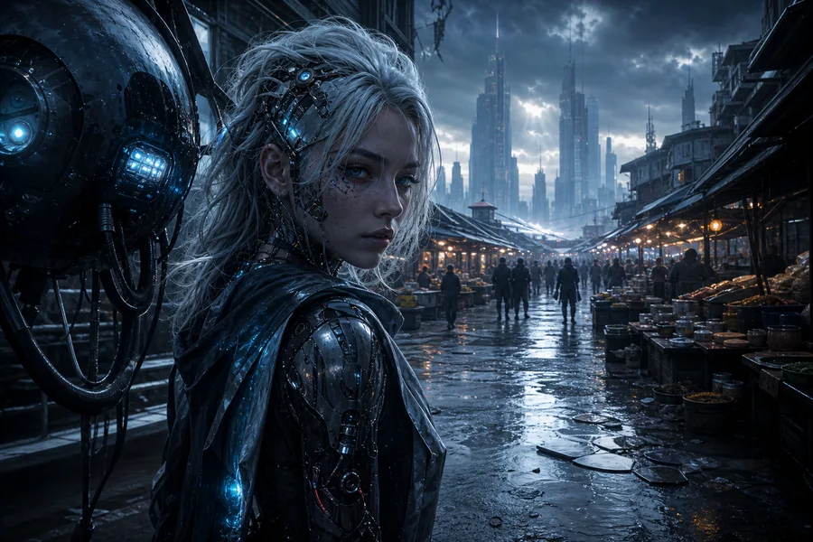 Dark Cyberpunk Market Street Ai-Girls Wallpaper  8 4K