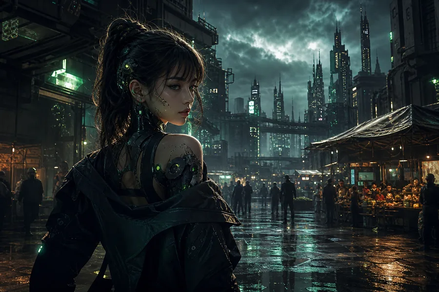 Dark Cyberpunk Market Street Ai-Girls Wallpaper  8 4K