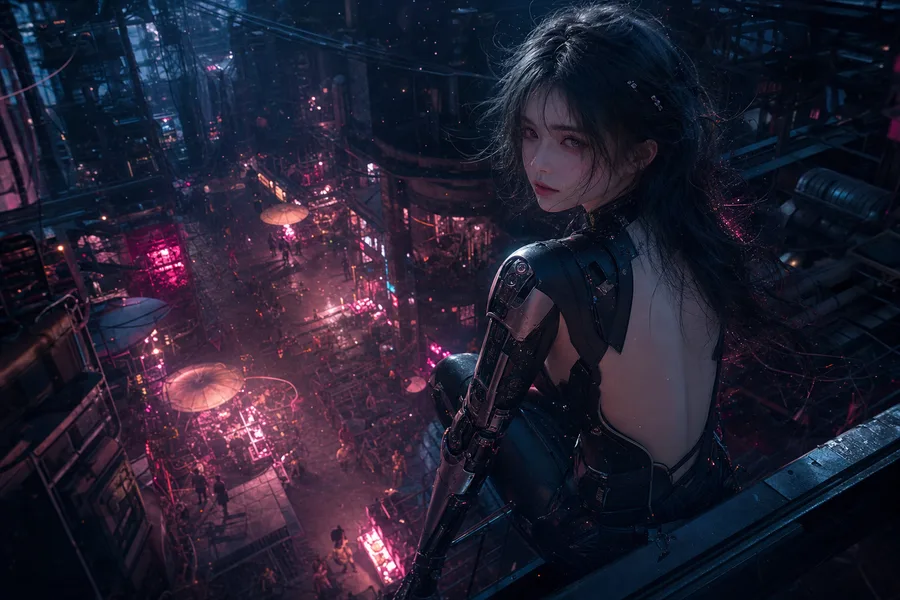 Dark Cyberpunk Market Street Ai-Girls Wallpaper  8 4K