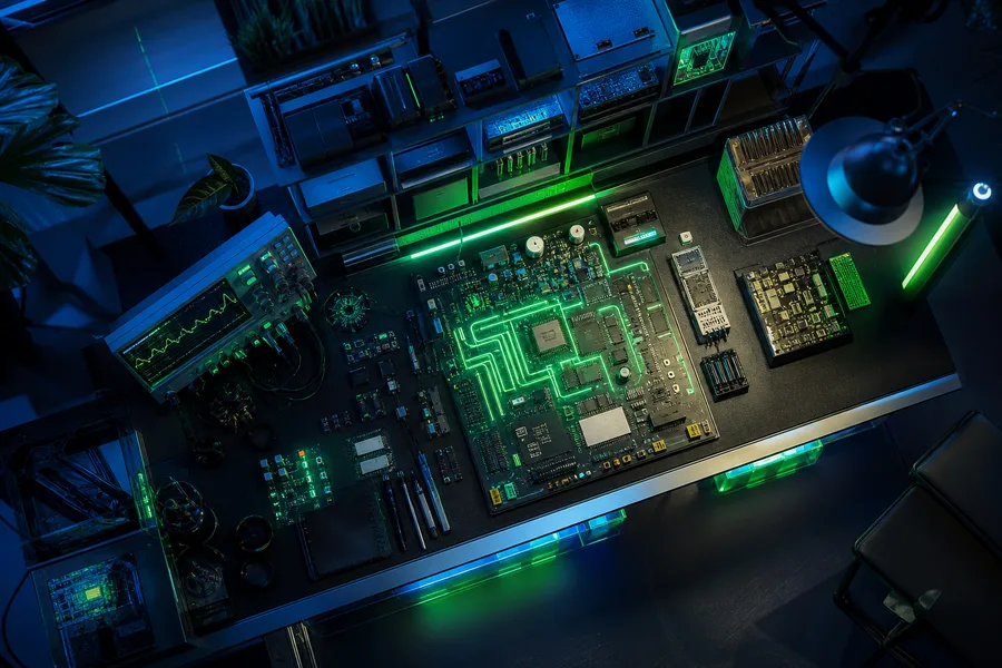Electronics Lab With Oscilloscope And Neon Lights Electronics Wallpaper  3 4K