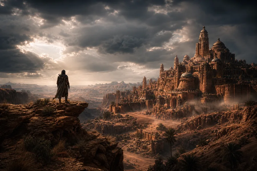 Epic Adventure Desert Scene With Dramatic Clouds Movie Wallpaper  7 4K