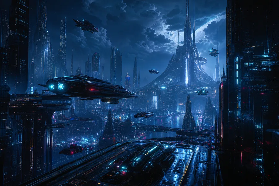 Epic Science Fiction City With Flying Vehicles Cinematic Style Movie Wallpaper  1 4K