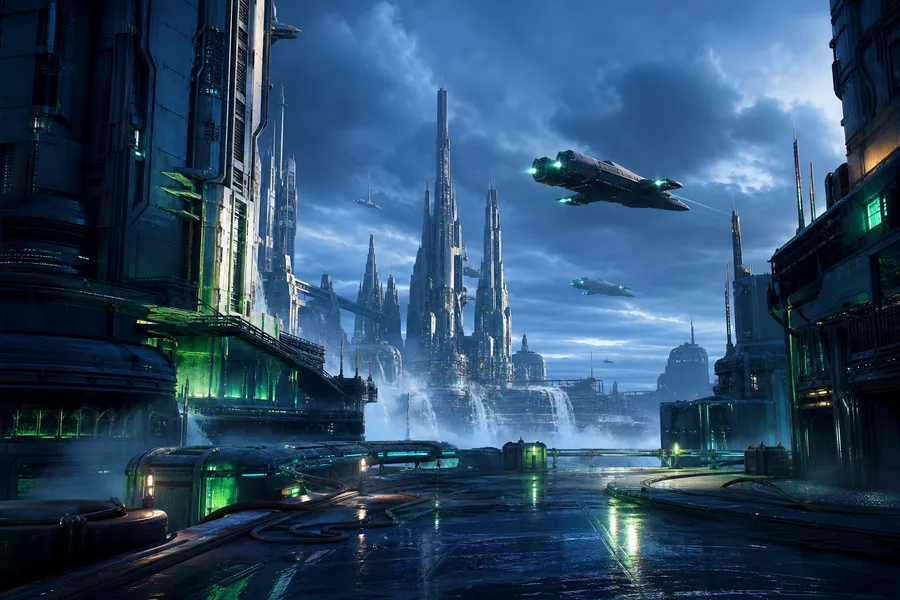Epic Science Fiction City With Flying Vehicles Cinematic Style Movie Wallpaper  1 4K