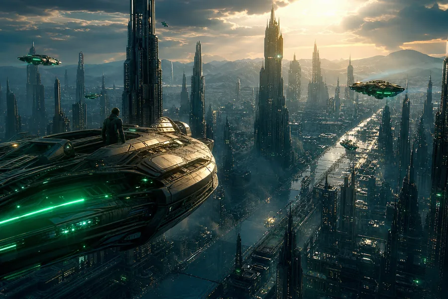 Epic Science Fiction City With Flying Vehicles Cinematic Style Movie Wallpaper  1 4K