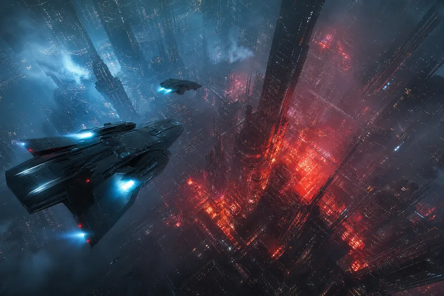 Epic Science Fiction City With Flying Vehicles Cinematic Style Movie Wallpaper  1 4K