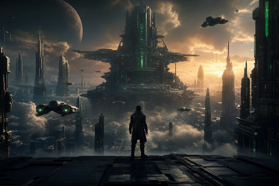 Epic Science Fiction City With Flying Vehicles Cinematic Style Movie Wallpaper  1 4K