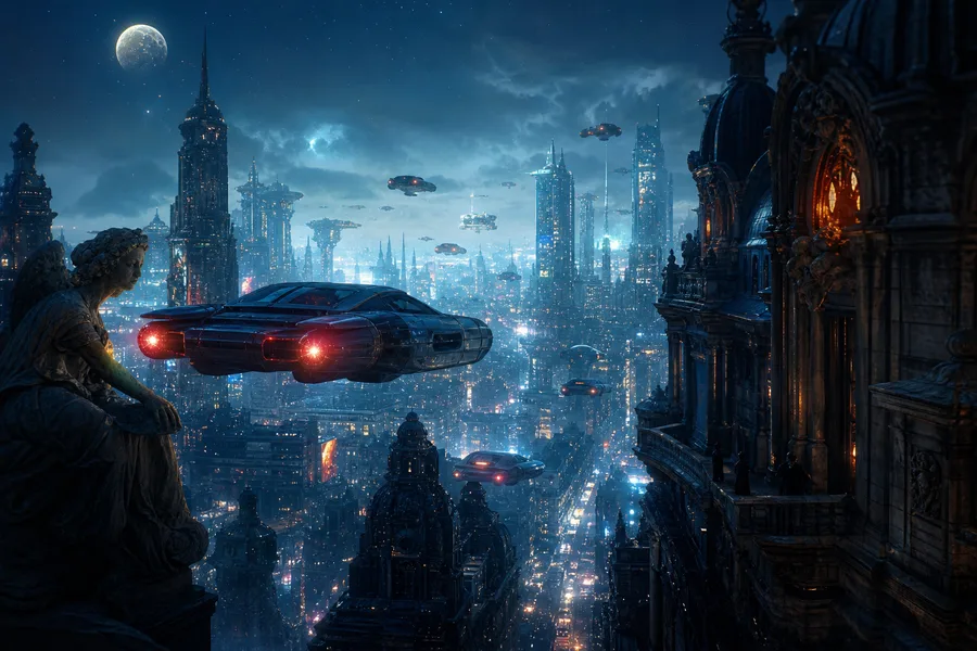 Flying Cars Above Neon Downtown Art Wallpaper  13 4K