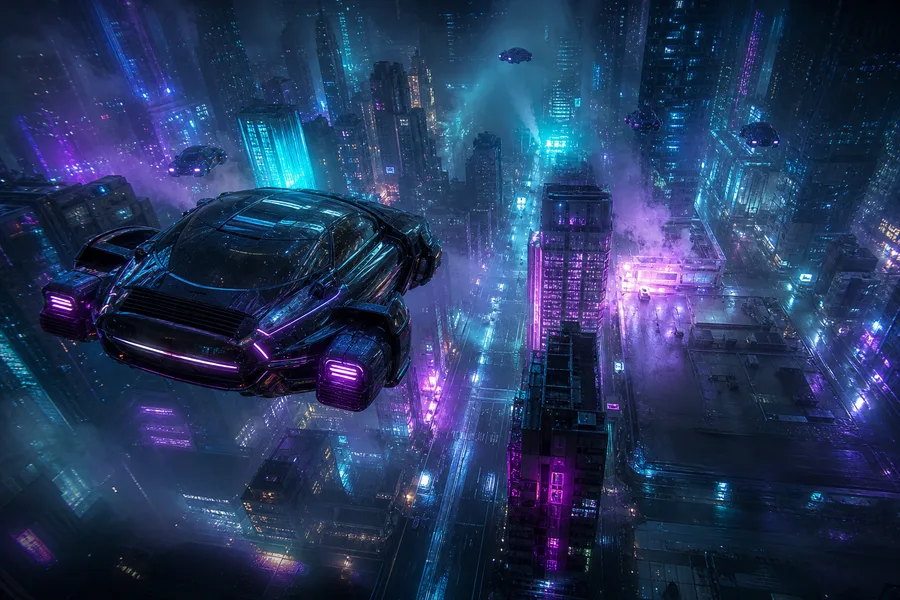 Flying Cars Above Neon Downtown Cyberpunk Wallpaper  13 4K