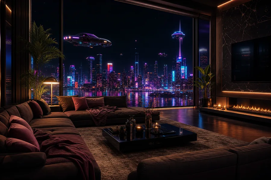 Flying Cars Above Neon Downtown Living-Room-Design Wallpaper  13 4K