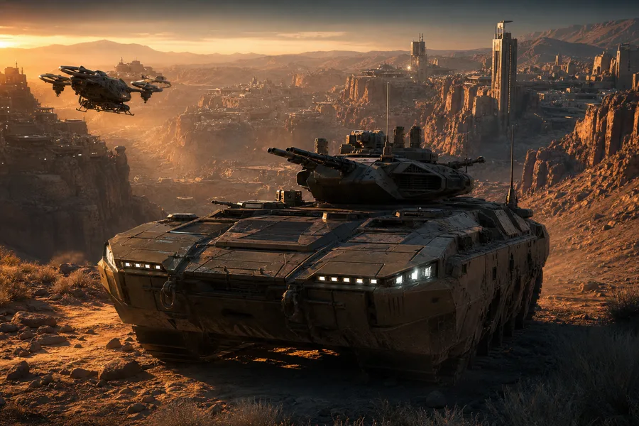 Futuristic Armored Vehicle In Desert Military Wallpaper  1 4K