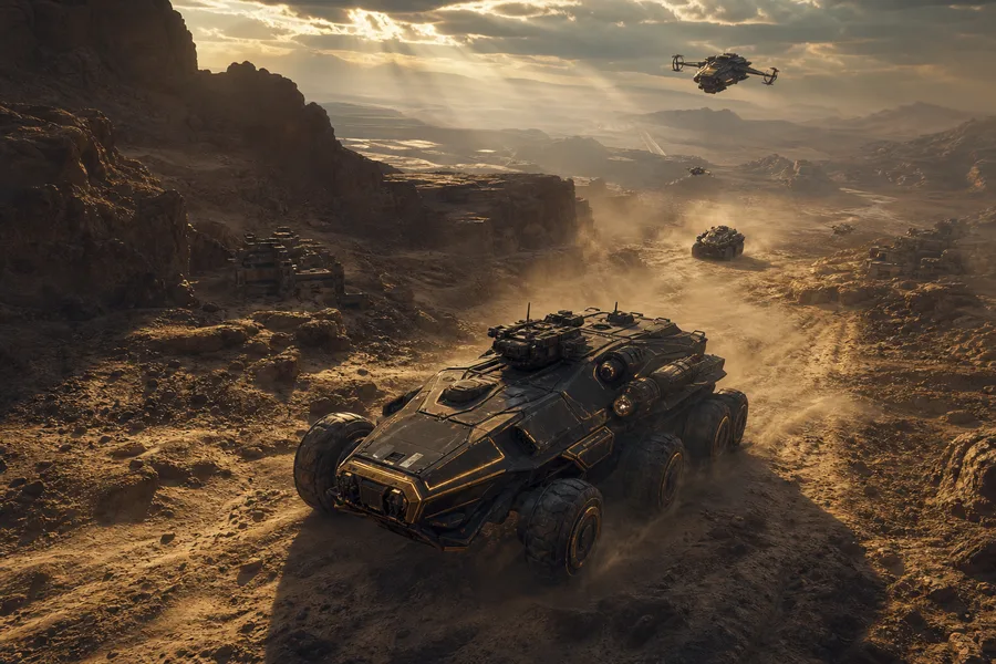 Futuristic Armored Vehicle In Desert Military Wallpaper  1 4K