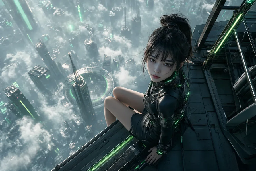 Futuristic Rooftop City View Ai-Girls Wallpaper  9 4K