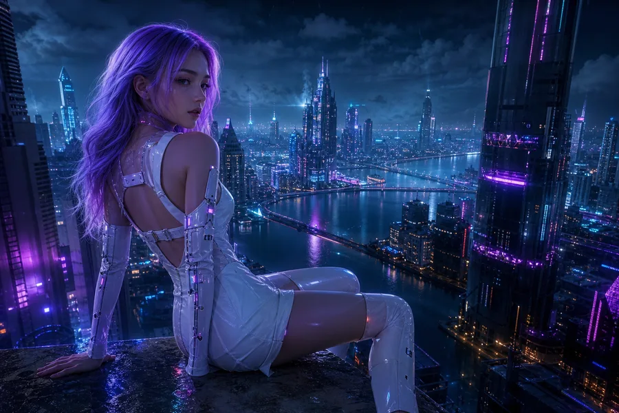 Futuristic Rooftop City View Ai-Girls Wallpaper  9 4K