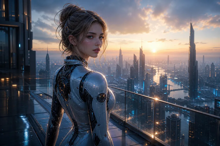 Futuristic Rooftop City View Ai-Girls Wallpaper  9 4K