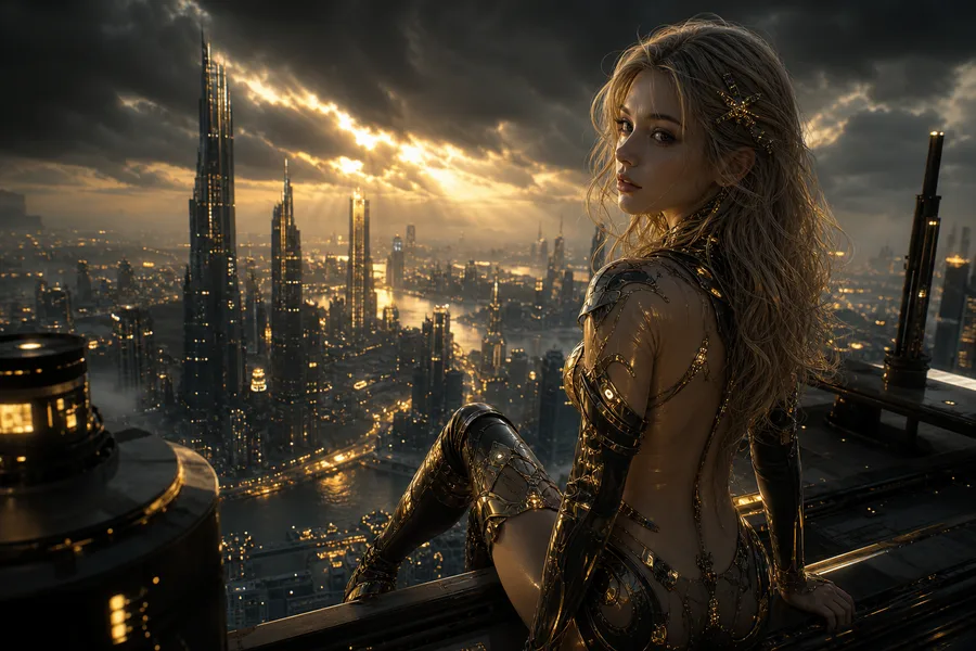 Futuristic Rooftop City View Ai-Girls Wallpaper  9 4K