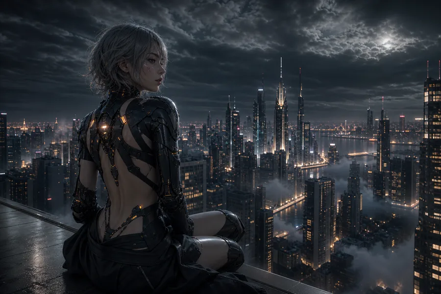 Futuristic Rooftop City View Ai-Girls Wallpaper  9 4K