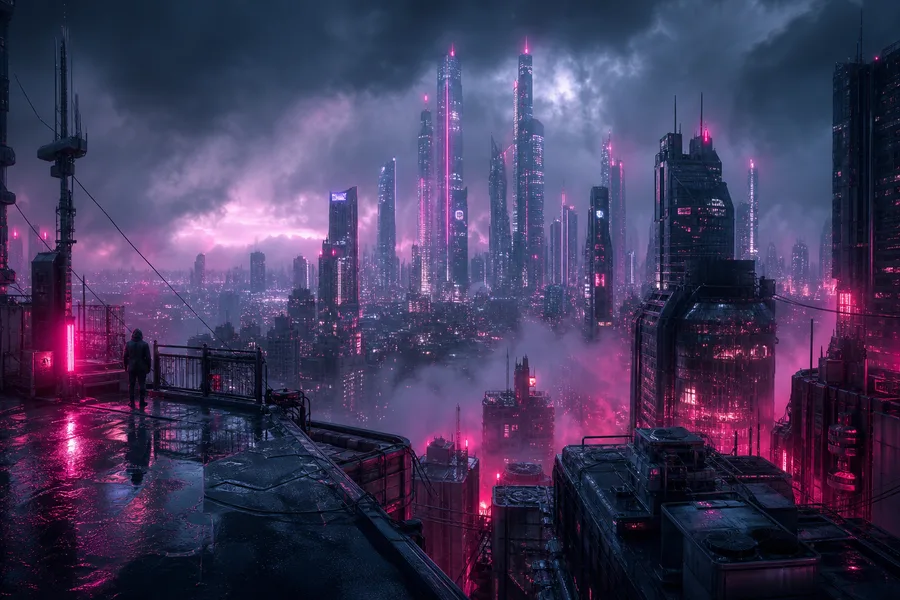 Futuristic Rooftop City View Cyberpunk Wallpaper  9 4K