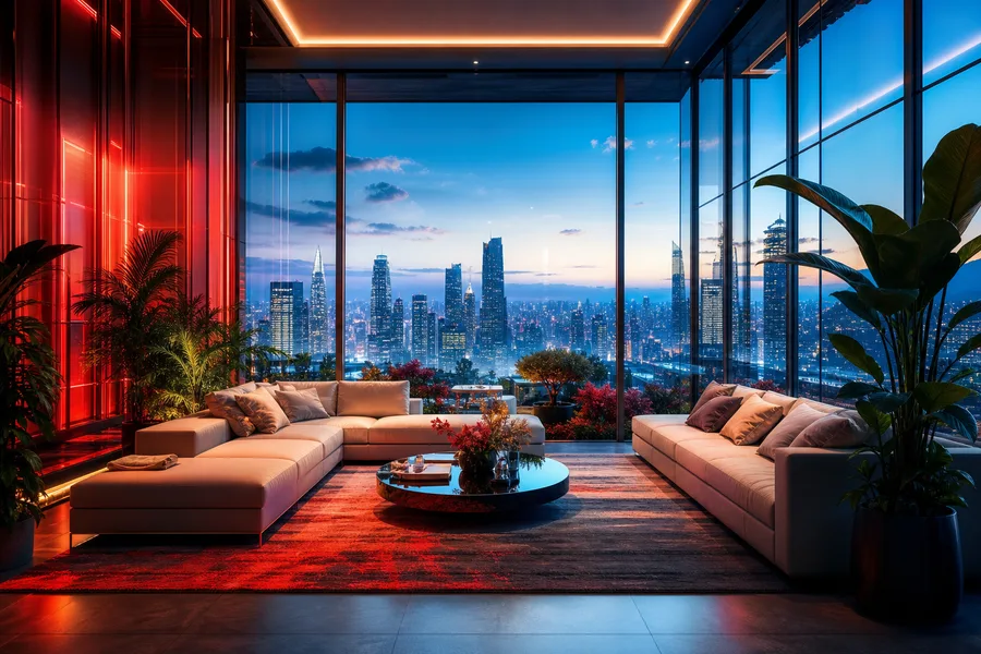 Futuristic Rooftop City View Living-Room-Design Wallpaper  9 4K