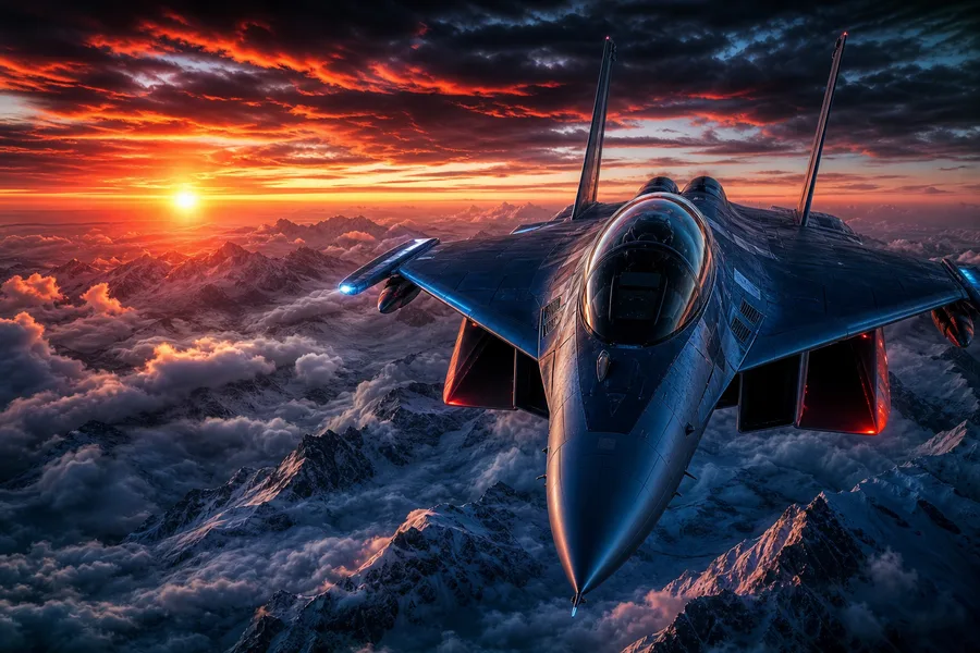 Modern Fighter Jet Above Snow Covered Mountains At Sunrise Airplanes Wallpaper  1 4K
