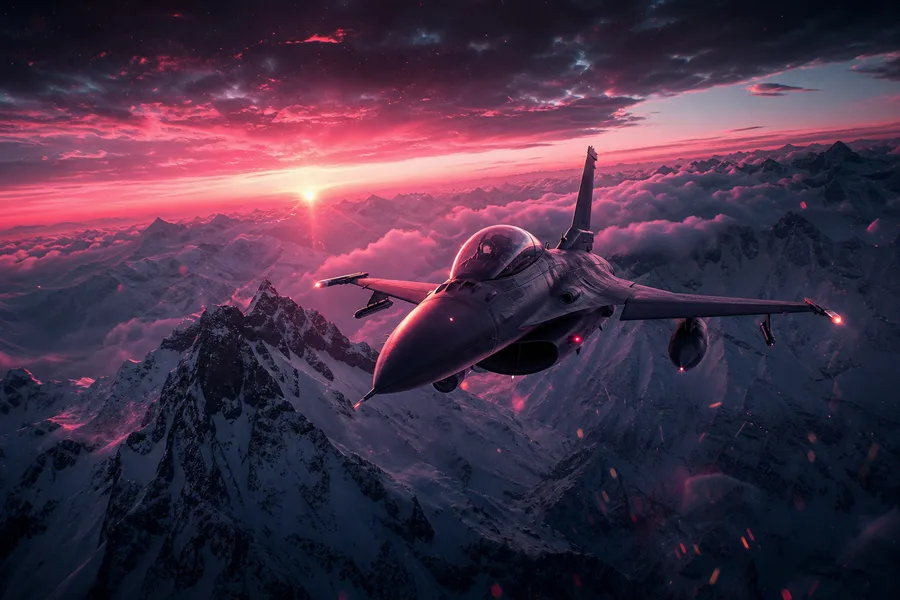 Modern Fighter Jet Above Snow Covered Mountains At Sunrise Airplanes Wallpaper  1 4K