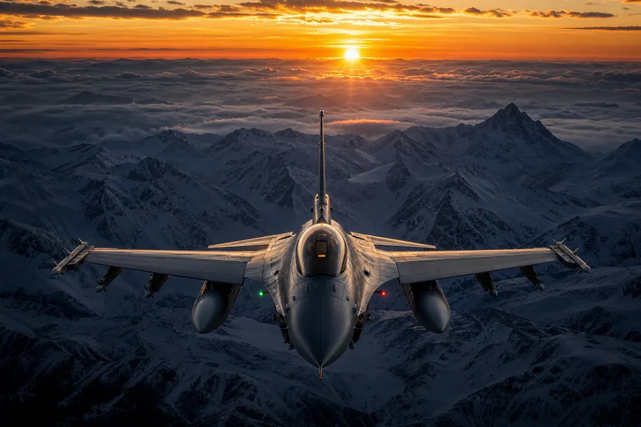 Modern Fighter Jet Above Snow Covered Mountains At Sunrise Airplanes Wallpaper  1 4K