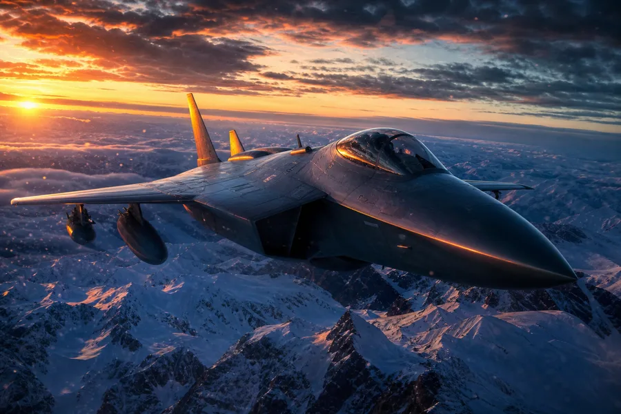 Modern Fighter Jet Above Snow Covered Mountains At Sunrise Airplanes Wallpaper  1 4K