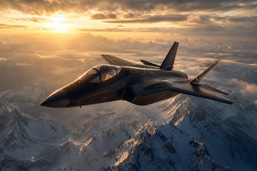 Modern Fighter Jet Above Snow Covered Mountains At Sunrise Airplanes Wallpaper  1 4K