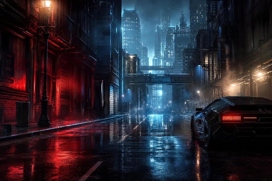 Mysterious Noir City Street With Rain And Dramatic Lighting Movie Wallpaper  4 4K